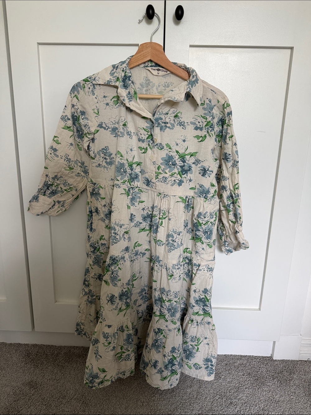 Maternity - Light Floral Button-Front Women’s Dress - Blue on Cream